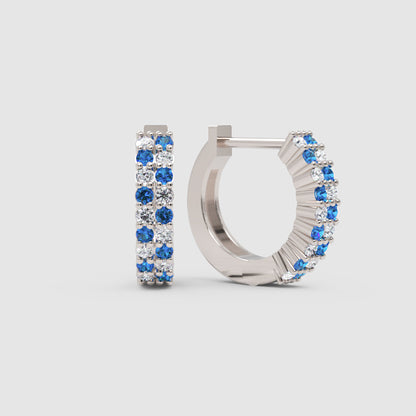 Rose Gold Blue Sapphire & Diamond Hoop Earrings – Double Row Huggie Earrings - Six