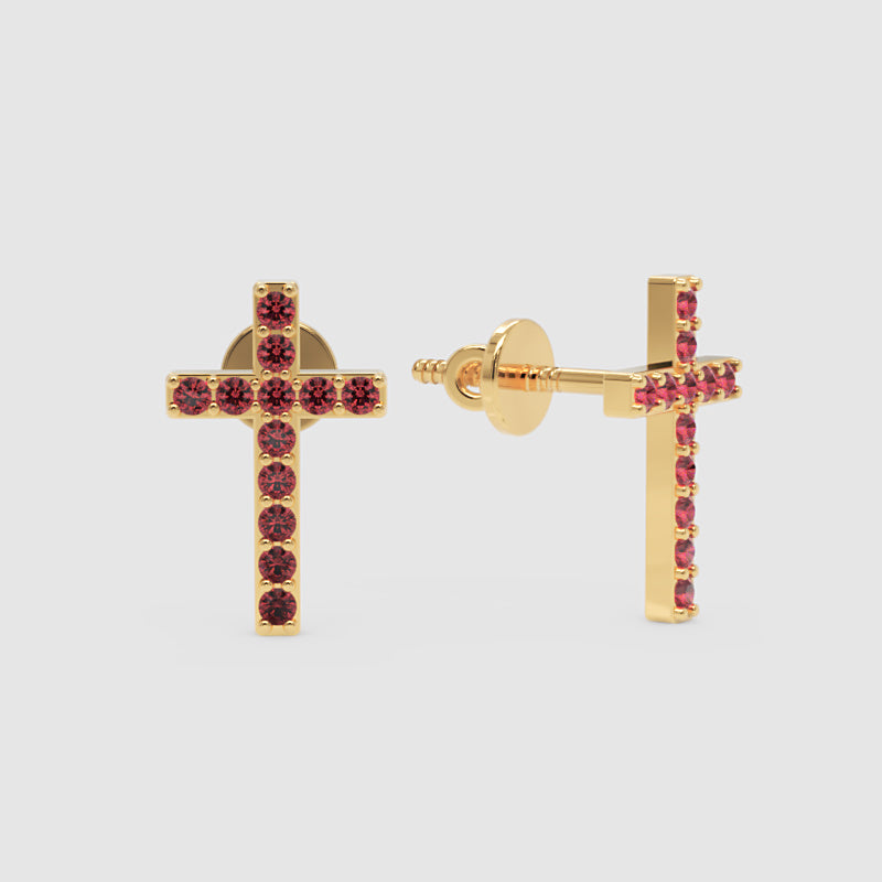 Ruby Cross Stud Earrings With Screw Back Closure - Three