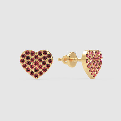 Pav Heart Stud Earrings With Pink Gemstones - Three