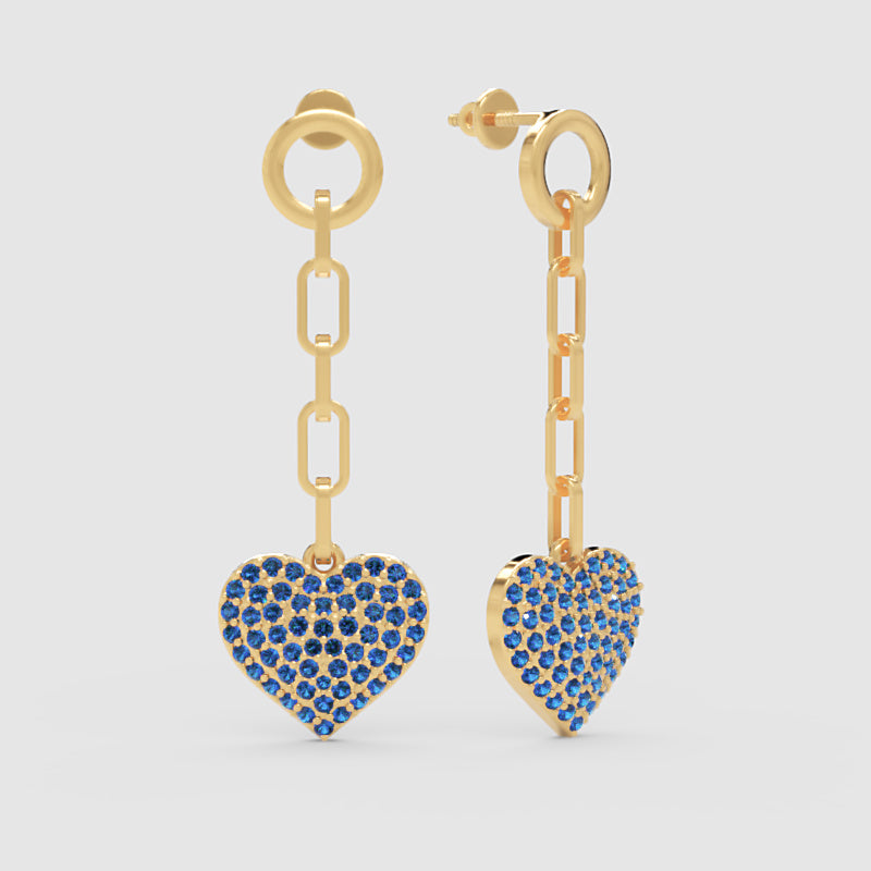 Blue Crystal Heart Chain Link Drop Earrings - Three