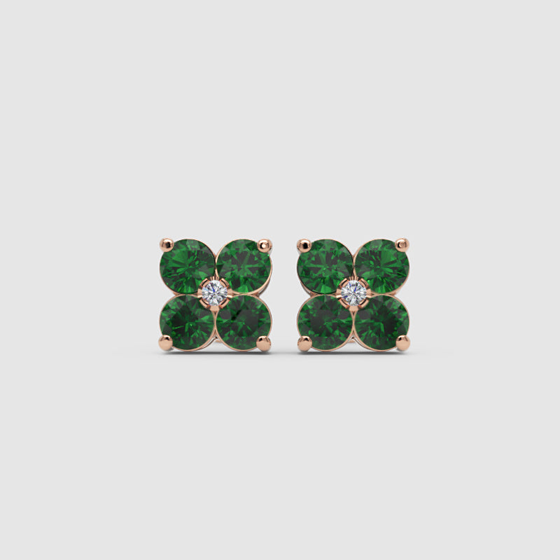 Emerald And Diamond Clover Stud Earrings - Six