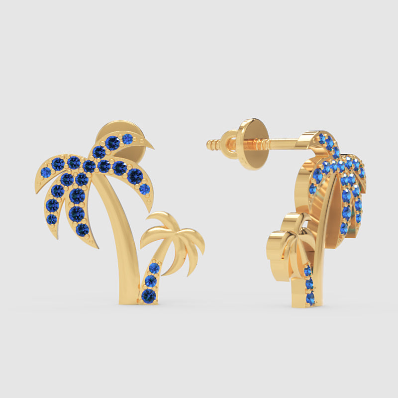 Blue Crystal Palm Tree Stud Earrings - Three