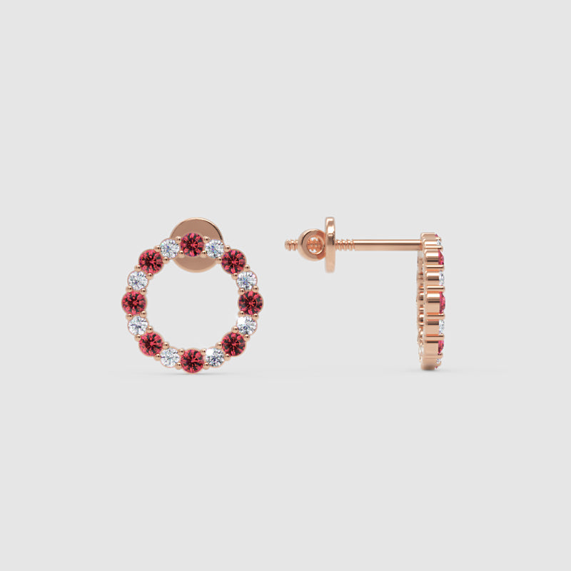 Red Gemstone And White Diamond Circle Stud Earrings In White Gold - Seven