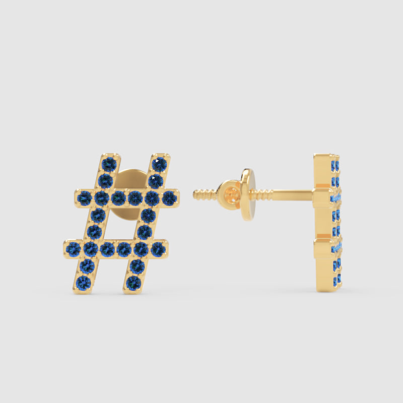 Blue Crystal Hashtag Symbol Stud Earrings - Three