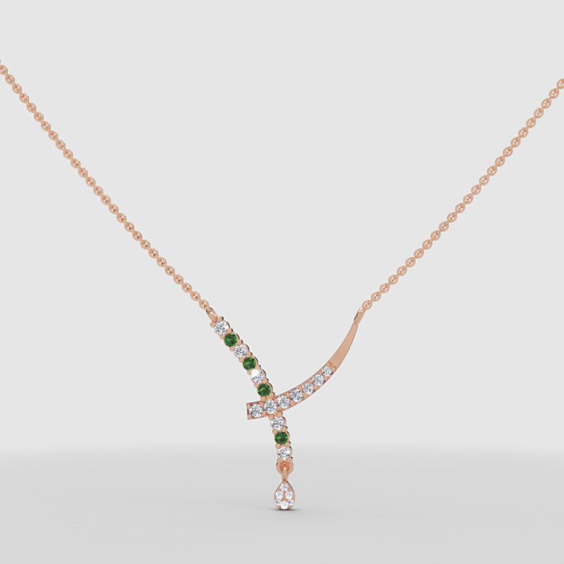 Natural Diamond Curved Bar Necklace With Green Gemstone Drop Pendant - Ten