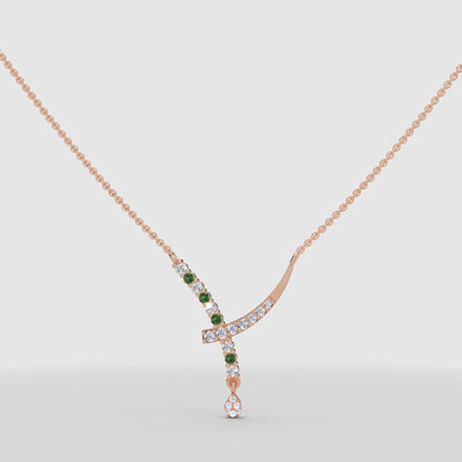 Natural Diamond Curved Bar Necklace With Green Gemstone Drop Pendant - Ten