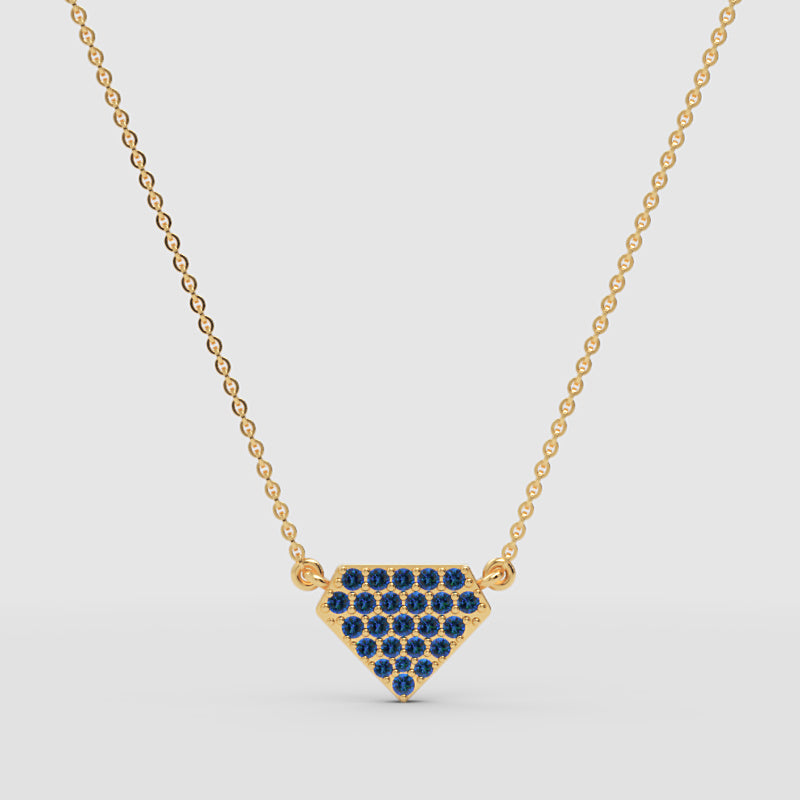 Pav Blue Gemstone Shield Pendant Necklace - Three