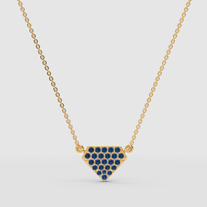 Pav Blue Gemstone Shield Pendant Necklace - Three