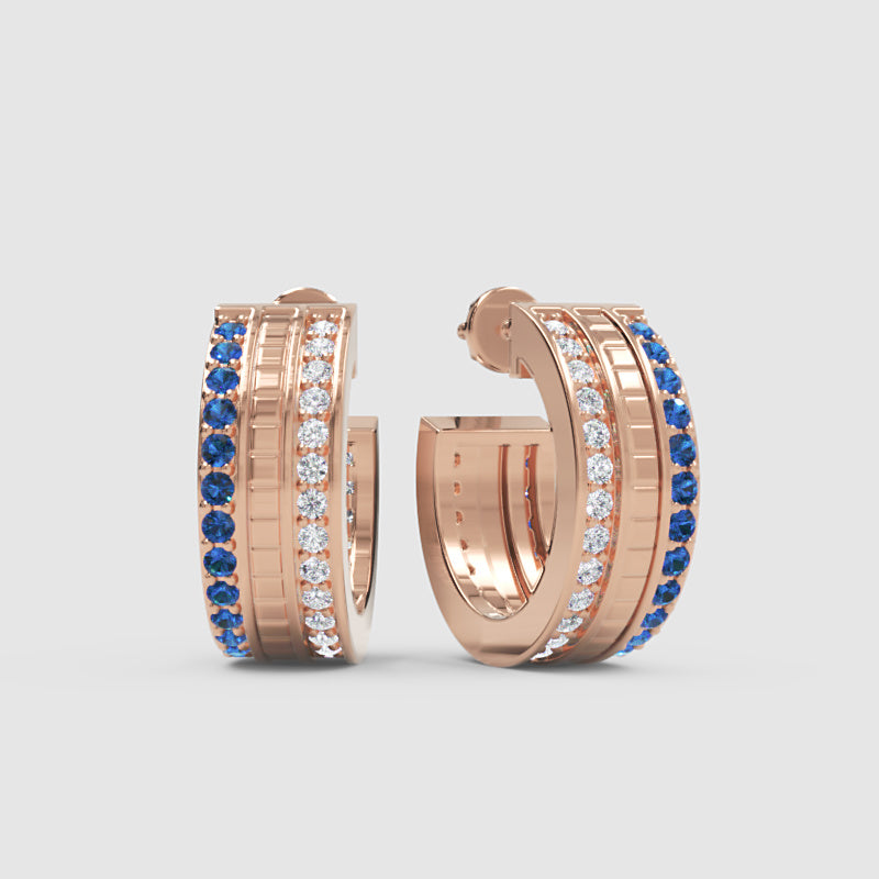 Blue Sapphire & Diamond Dual Row Hoop Earrings In White Gold – Luxury Statement Hoops | Jebij - Six
