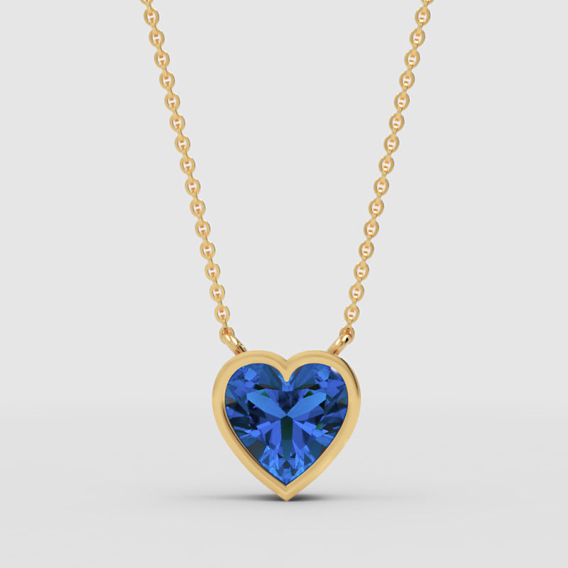 Blue Sapphire Heart Bezel Set Pendant Necklace - Three