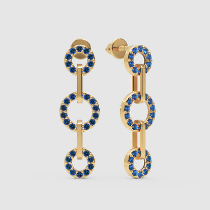 Blue Sapphire Triple Circle Link Drop Earrings - Three