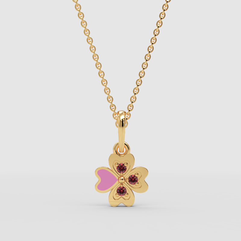 Pink Enamel Four Leaf Clover Pendant Necklace With Gemstones - Four