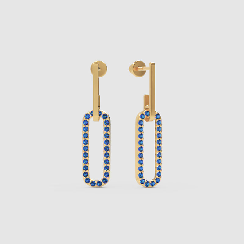Blue Sapphire Geometric Drop Earrings With Bar Studs - Three