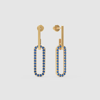 Blue Sapphire Geometric Drop Earrings With Bar Studs - Three