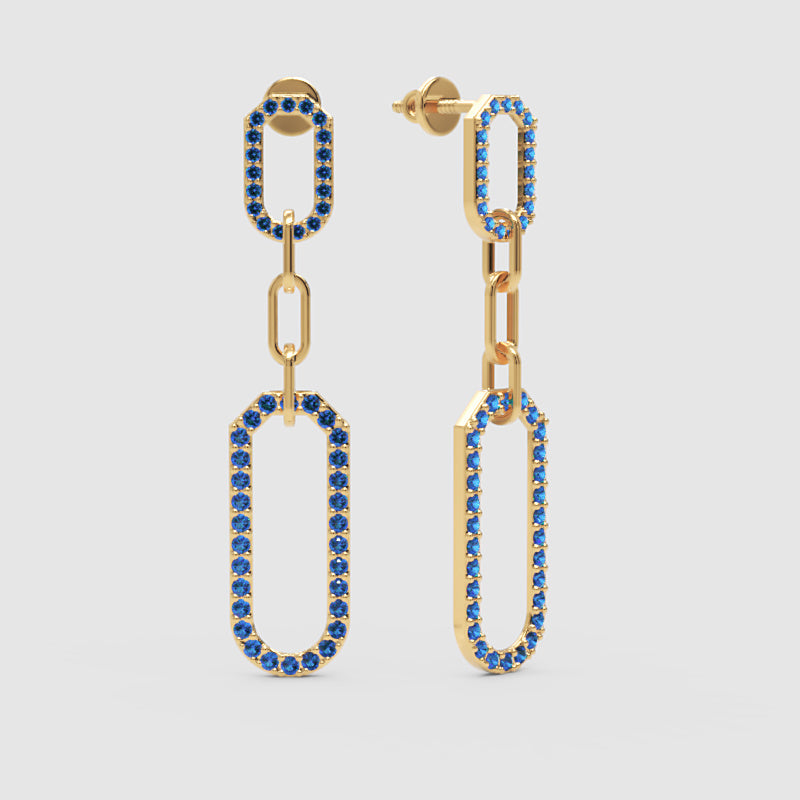 Blue Lab Grown Gemstone Link Drop Earrings  Pave Oval Chain Statement Dangle Design - Three