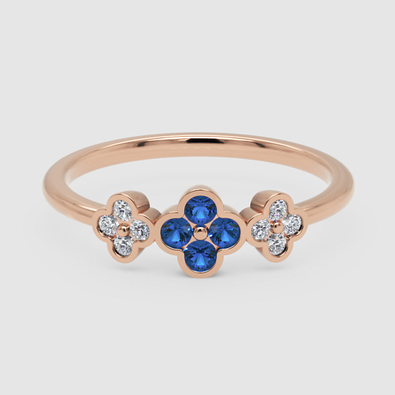 Blue Sapphire And Diamond Triple Flower Cluster Ring - Six