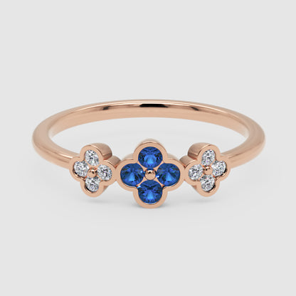 Blue Sapphire And Diamond Triple Flower Cluster Ring - Six