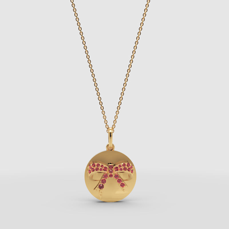 Pink Sapphire Bow Disc Pendant Necklace - Two