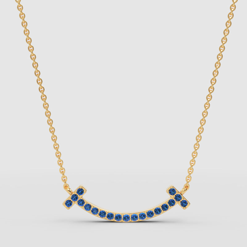 Blue Sapphire Curved Smile Bar Pendant Necklace - Three