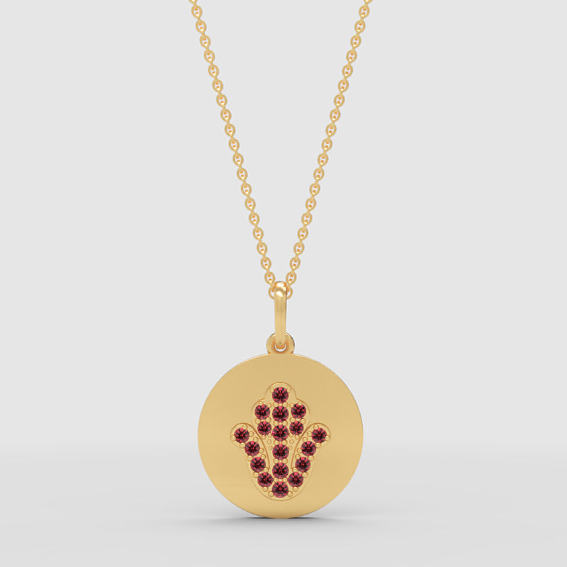 Hamsa Hand Disc Pendant Necklace With Pink Gemstones - Two