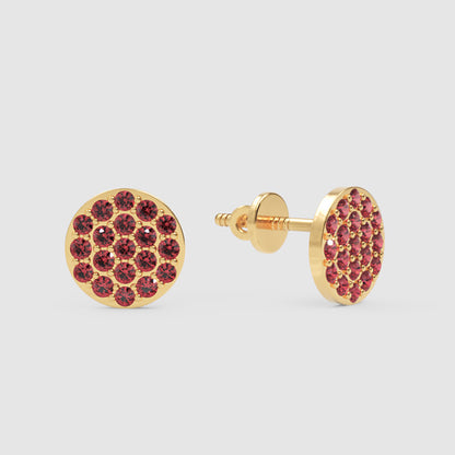 Round Pav Ruby Crystal Stud Earrings With Screw Back - Three