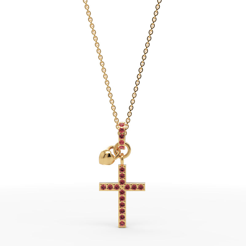 Pink Crystal Cross Pendant Necklace With Heart Charm - Two