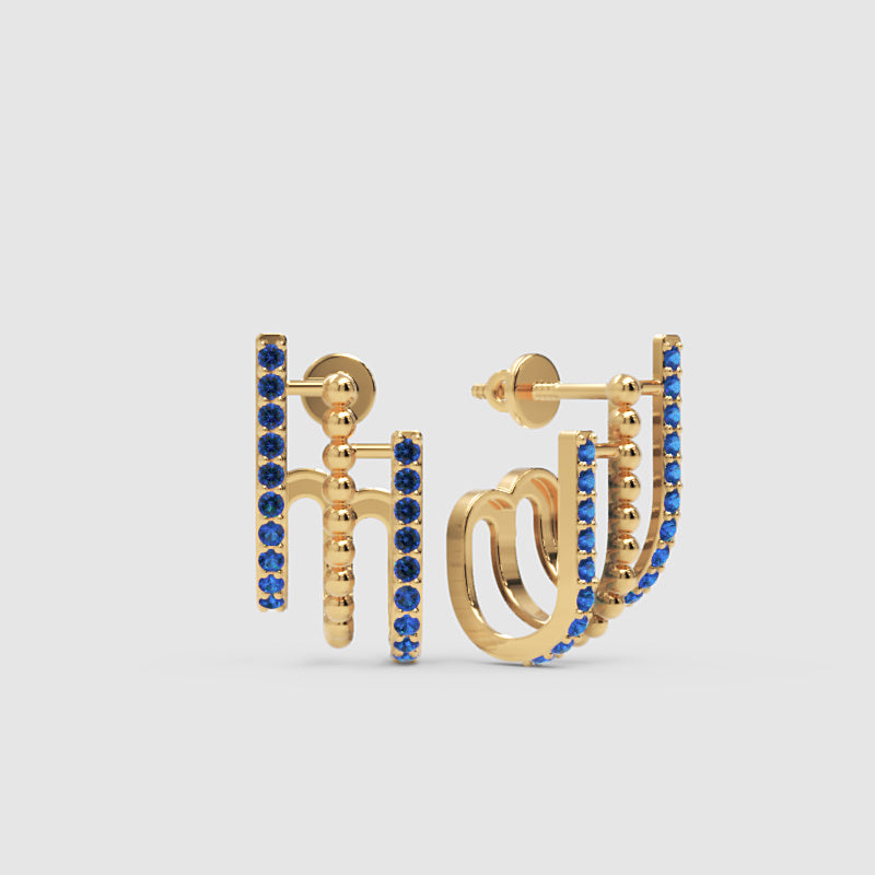 Blue Sapphire Multirow Curved Bar Stud Earrings - Three