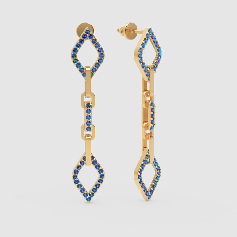 Blue Sapphire Chain Link Drop Earrings With Diamond Shaped Frames - Three