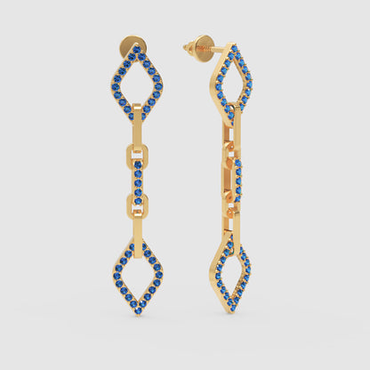 Blue Sapphire Chain Link Drop Earrings With Diamond Shaped Frames - Three