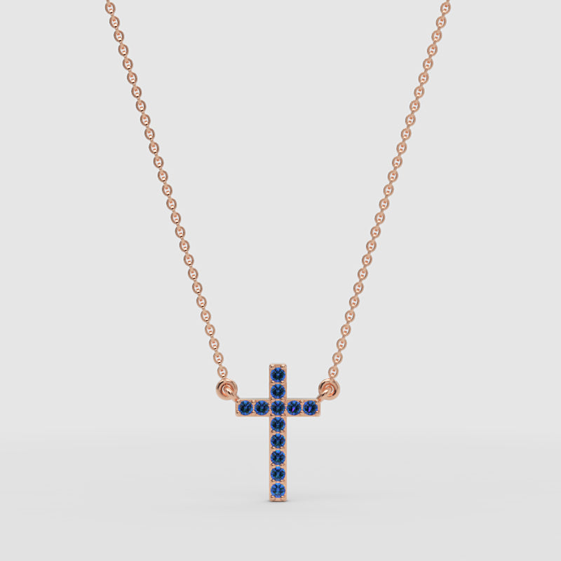Blue Sapphire Cross Pendant Necklace With Chain - Three