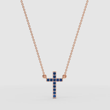 Blue Sapphire Cross Pendant Necklace With Chain - Three