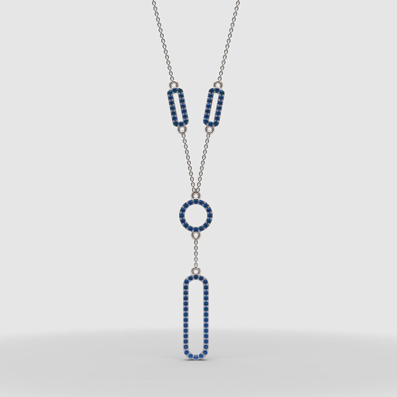 Lab-Grown Blue Sapphire Geometric Drop Y Necklace In Rose Gold | Modern Pave Circle & Bar Design (16–17 Inch Adjustable) | Jebij - Three