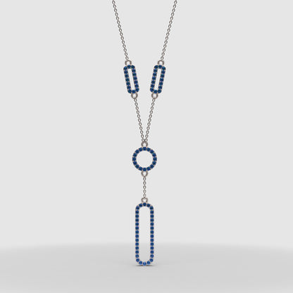 Lab-Grown Blue Sapphire Geometric Drop Y Necklace In Rose Gold | Modern Pave Circle & Bar Design (16–17 Inch Adjustable) | Jebij - Three
