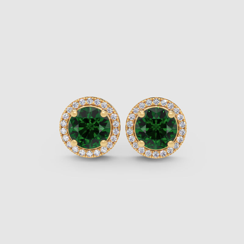 Emerald Green Round Halo Stud Earrings With Screw Back - One