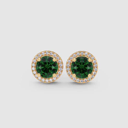 Emerald Green Round Halo Stud Earrings With Screw Back - One