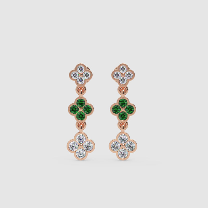 Gold Clover Drop Earrings With Green Gem Stone And White Diamonds - Six