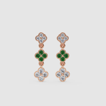 Gold Clover Drop Earrings With Green Gem Stone And White Diamonds - Six