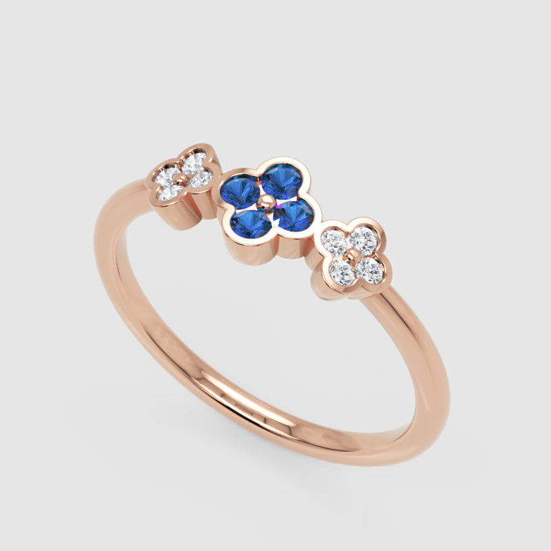 Blue Sapphire And Diamond Triple Flower Cluster Ring - Seven