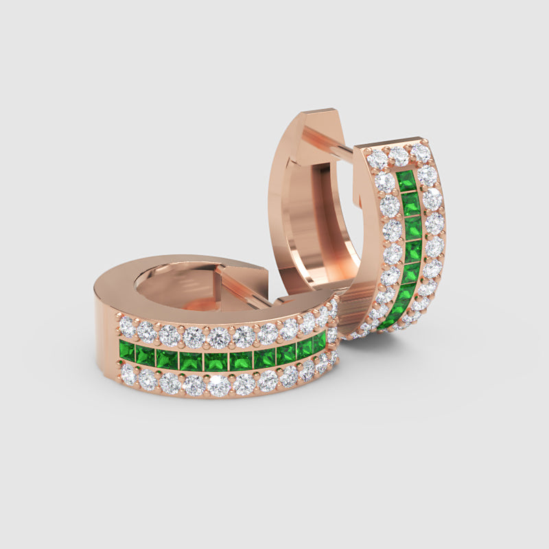 Gemstone And Diamond Three Row Huggie Hoop Earrings In Yellow Gold - Eight