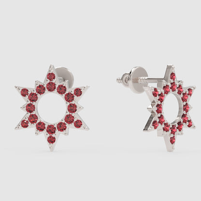 Ruby Starburst Halo Stud Earrings - Four