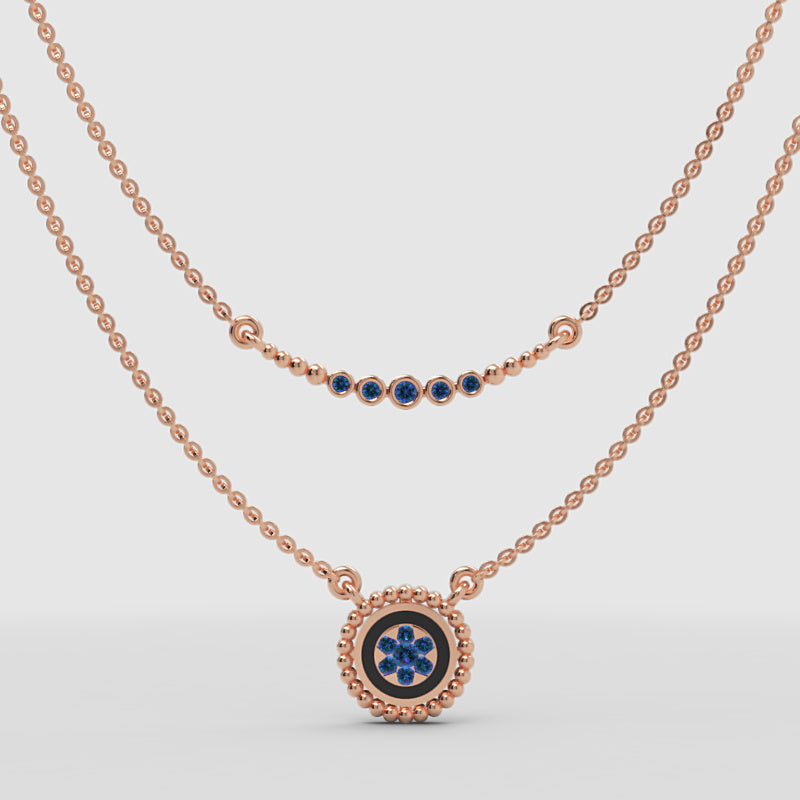 Blue Gemstone Double Layer Pendant Necklace Set - Four