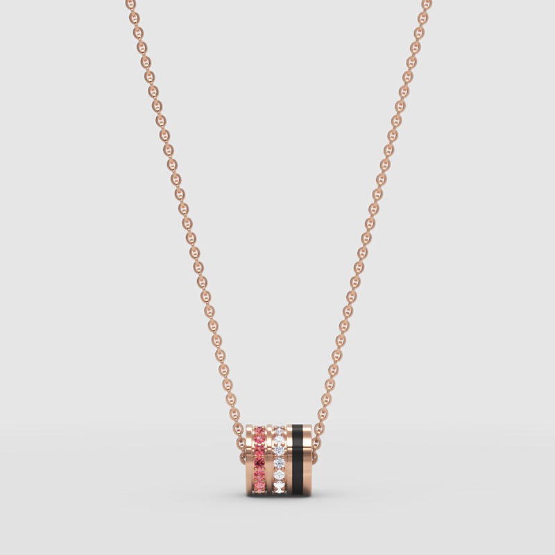 Pink And Diamond Barrel Pendant Necklace With Black Accent Stripe - One