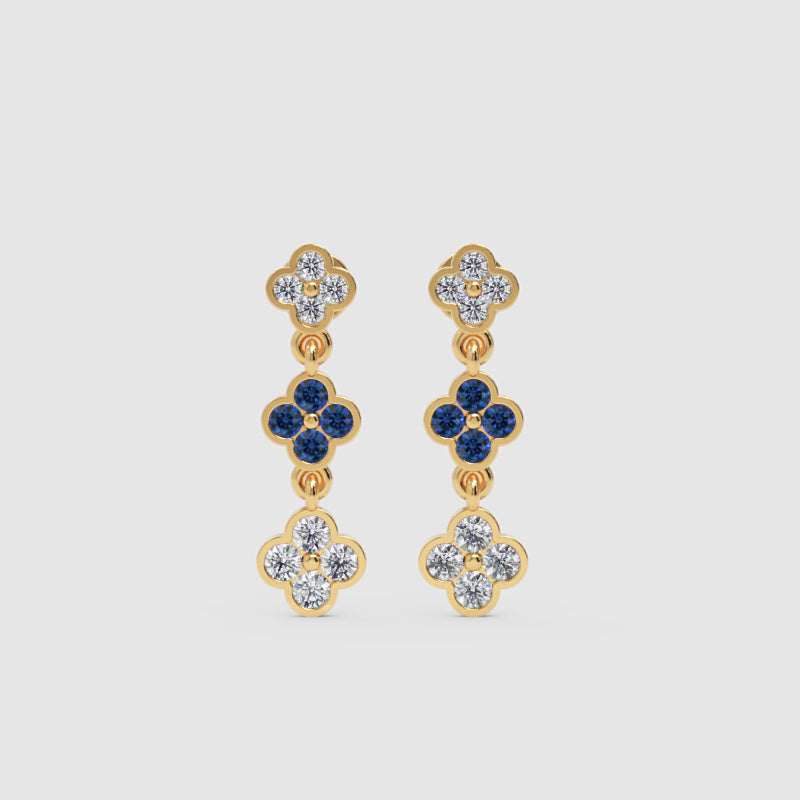 Rose Gold Diamond And Blue Gemstone Clover Drop Earrings - Seven