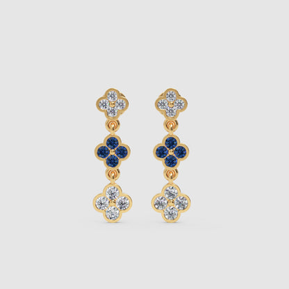 Rose Gold Diamond And Blue Gemstone Clover Drop Earrings - Seven