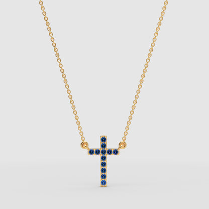 Blue Sapphire Cross Pendant Necklace With Chain - Four