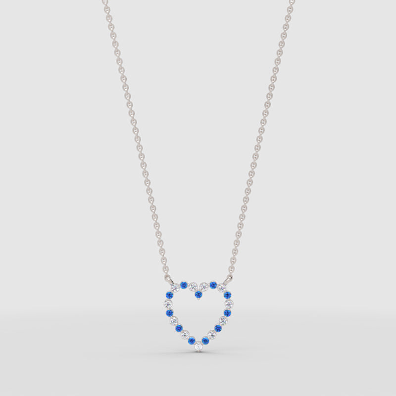 Blue Sapphire And White Diamond Heart Pendant Necklace In 14K White Gold - Seven