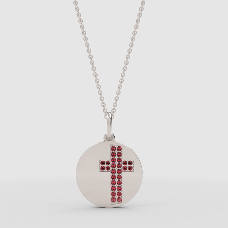 Ruby Cross Disc Pendant Necklace With Chain - Three