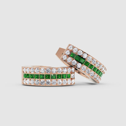 Gemstone And Diamond Three Row Huggie Hoop Earrings In Yellow Gold - Seven