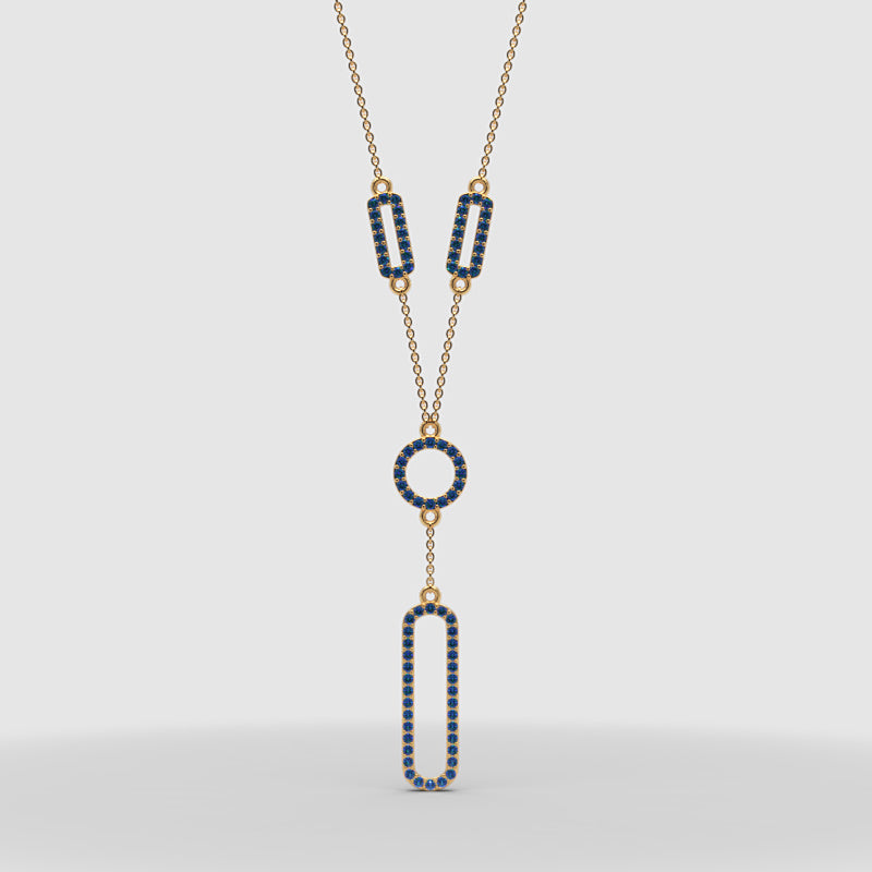 Lab-Grown Blue Sapphire Geometric Drop Y Necklace In Rose Gold | Modern Pave Circle & Bar Design (16–17 Inch Adjustable) | Jebij - Four