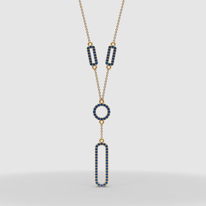 Lab-Grown Blue Sapphire Geometric Drop Y Necklace In Rose Gold | Modern Pave Circle & Bar Design (16–17 Inch Adjustable) | Jebij - Four